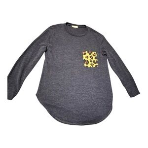 Navy Blue Long Sleeve Tee with Leopard Accent